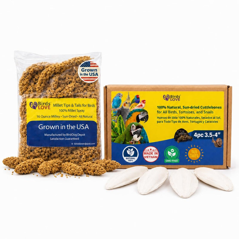 Farm to Feathers™ Bird Millet & Cuttlebone Bundle – USA Grown Millet Sprays for Parakeets, Budgies, Cockatiels, Finches & Canaries – 1 lb Tips & Tails Millet + 4” Cuttlebone (4 Pack)