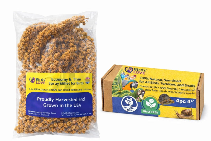 Farm to Feathers™ Bird Economy Millet & Cuttlebone Bundle – USA Grown Millet Sprays for Parakeets, Budgies, Cockatiels, Finches & Canaries – 9oz (Pack of 1) + 4” Cuttlebone (4 Pack)
