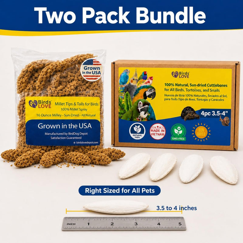 Farm to Feathers™ Bird Millet & Cuttlebone Bundle – USA Grown Millet Sprays for Parakeets, Budgies, Cockatiels, Finches & Canaries – 1 lb Tips & Tails Millet + 4” Cuttlebone (4 Pack)