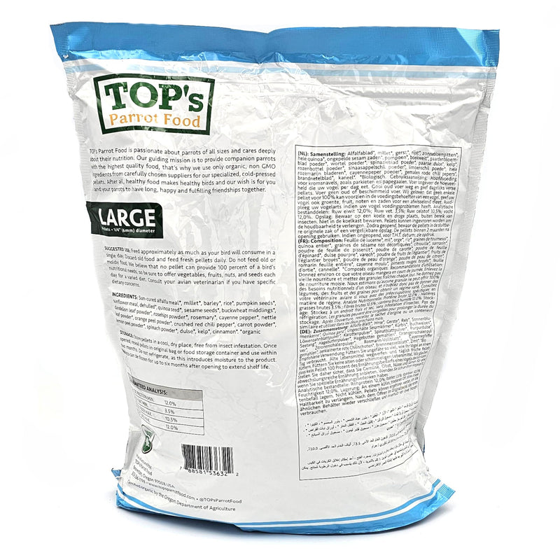 TOP's Parrot Food Pellets Hookbills, Small, Medium, Large Birds - Non-GMO, Peanut Soy & Corn Free, USDA Organic Certified - 1 lb / 453 g