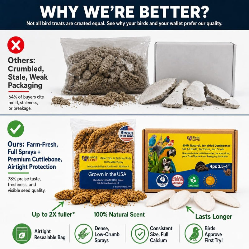Farm to Feathers™ Bird Millet & Cuttlebone Bundle – USA Grown Millet Sprays for Parakeets, Budgies, Cockatiels, Finches & Canaries – 1 lb Tips & Tails Millet + 4” Cuttlebone (4 Pack)