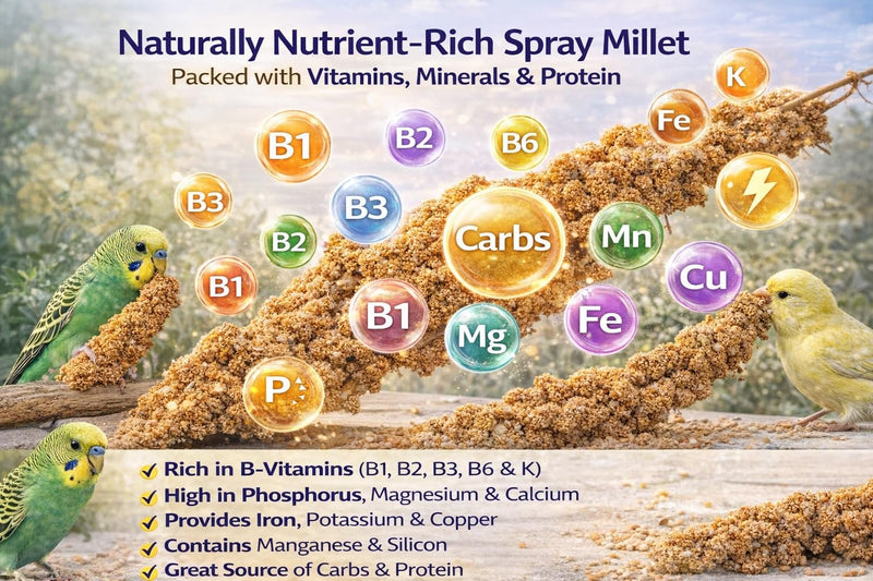 Farm to Feathers™ Economy & Thin Spray Millet with Cuttlebone Bundle – USA Grown Millet Sprays for All Birds, Cockatiels, Lovebirds, Parakeets, Finches – 7 Ounce (Pack of 1) + 4" Cuttlebone (4-Pack)