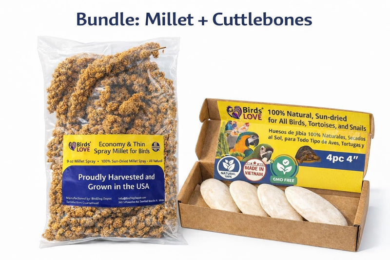 Farm to Feathers™ Bird Economy Millet & Cuttlebone Bundle – USA Grown Millet Sprays for Parakeets, Budgies, Cockatiels, Finches & Canaries – 9oz (Pack of 1) + 4” Cuttlebone (4 Pack)