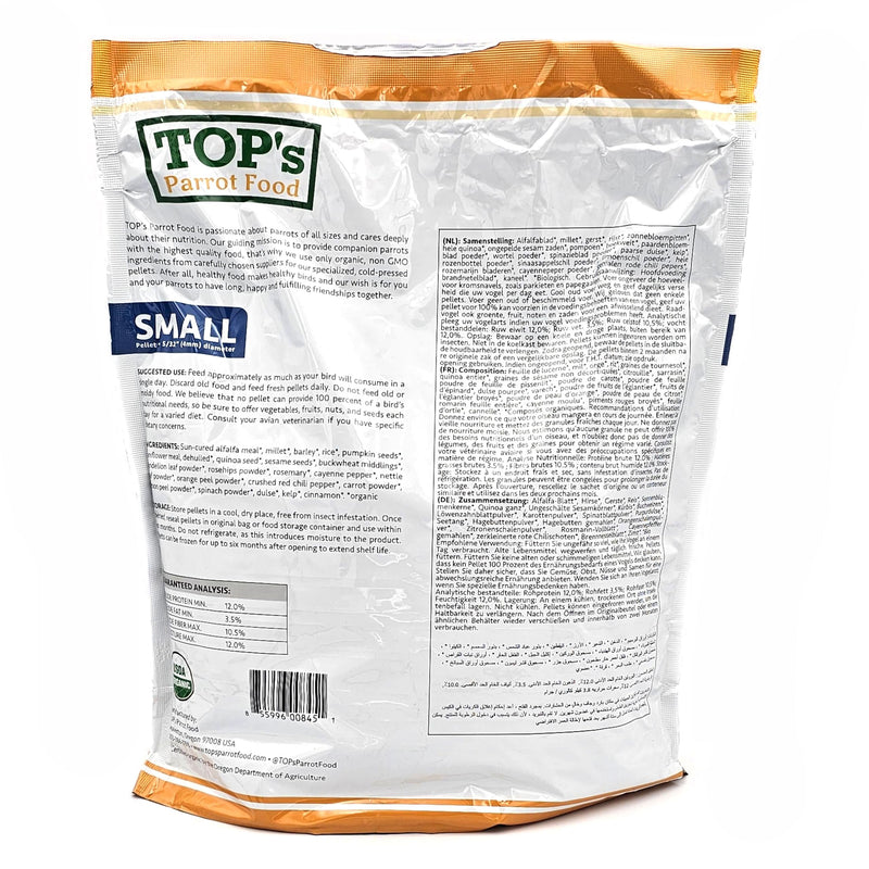 TOP's Parrot Food Bird Pellets for Small Hookbills - Non-GMO, Peanut Soy & Corn Free, USDA Organic Certified (4lbs)