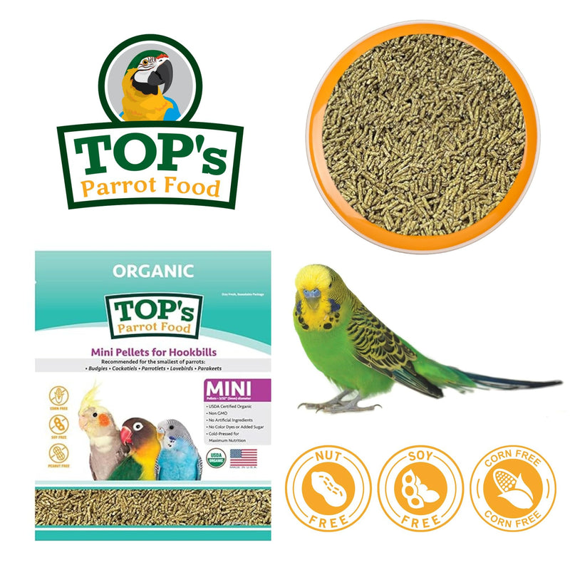 TOP's Parrot Food Mini Pellets Bird Food for Budgies, Cockatiels, Parrotlets, Lovebirds, Parakeets - USDA Certified Organic - 25 lbs