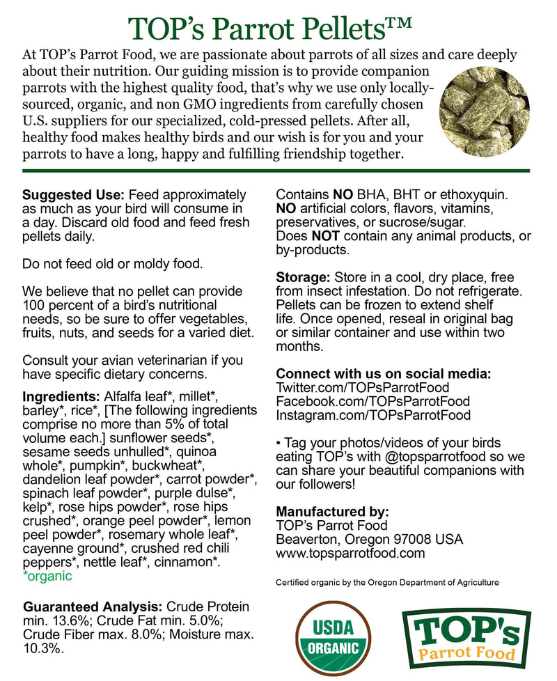 TOP's Parrot Food Bird Pellets for Small Hookbills - Non-GMO, Peanut Soy & Corn Free, USDA Organic Certified (10lbs)