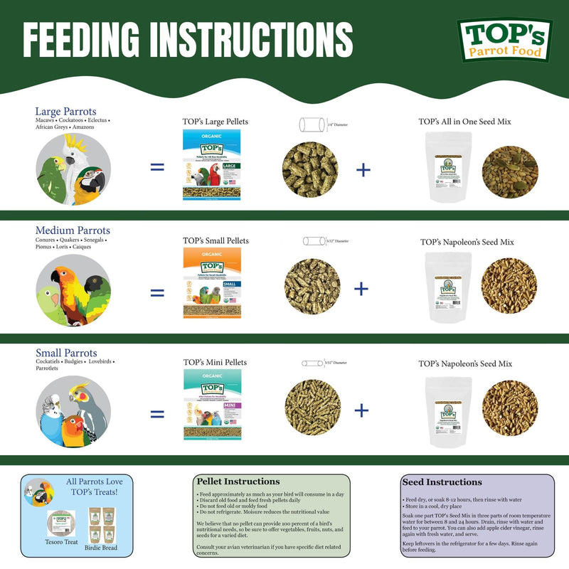 TOP's Parrot Food Pellets Hookbills, Small, Medium, Large Birds - Non-GMO, Peanut Soy & Corn Free, USDA Organic Certified - 1 lb / 453 g