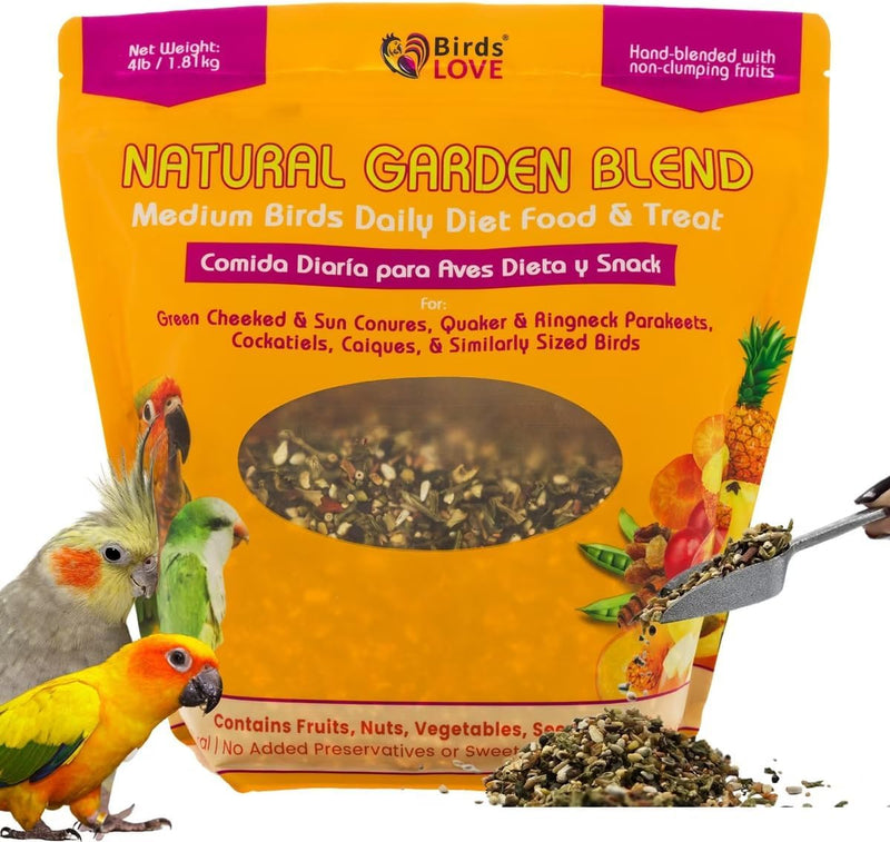 A los pájaros les ENCANTA la mezcla de alimentos naturales para aves medianas, 4 lb, mezcla de frutas, frutos secos, verduras y semillas para cacatúas ninfa, conuros, periquitos de collar y pequeños loros quaker, bolsa resellable que conserva la frescura