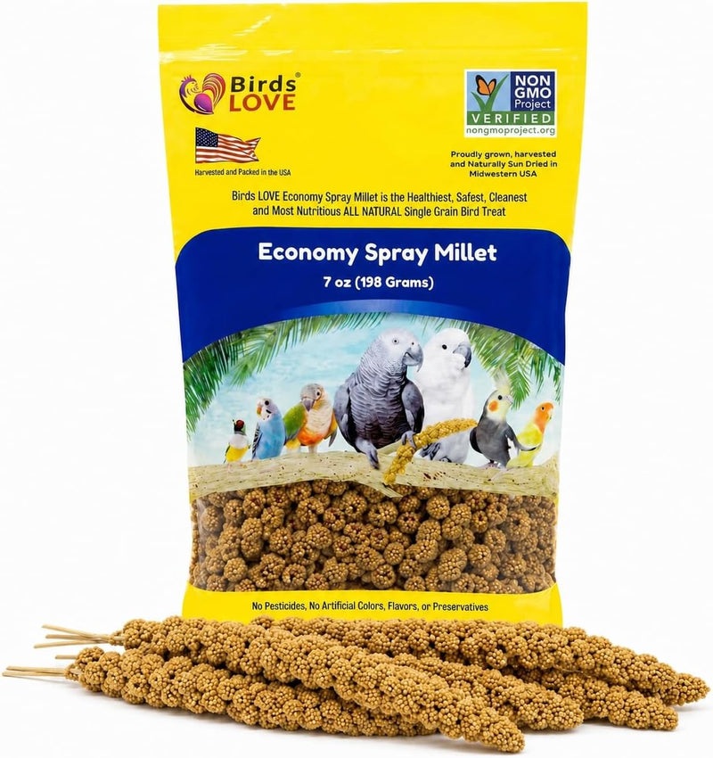 Birds LOVE Economy Spray Millet for Birds, 7 oz, GMO-Free Natural Millet Spray Treat, Stem-Reduced Edible Tops, Grown in USA, for Parakeets, Cockatiels, Lovebirds, Finches, Canaries & Small Parrots