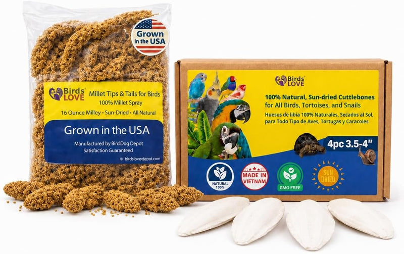 Farm to Feathers Bird Millet & Cuttlebone Bundle - USA Grown Millet Sprays for Parakeets, Budgies, Cockatiels, Finches & Canaries - 5 lb Wholesome Millet + 4" Cuttlebone (4 Pack)
