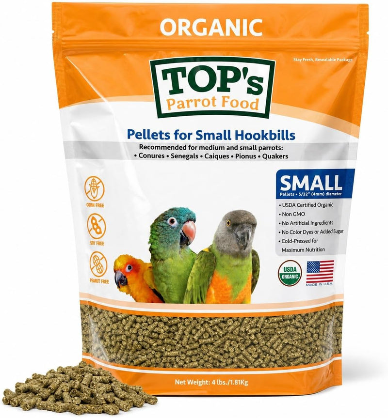 TOP's Parrot Food Bird Pellets for Small Hookbills - Non-GMO, Peanut Soy & Corn Free, USDA Organic Certified (4lbs)