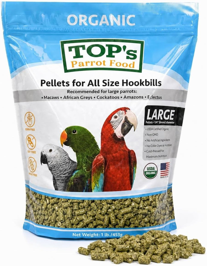 TOP's Large Parrot Pellets 1 lb, USDA Organic Certified, Non-GMO Bird Food for Hookbills