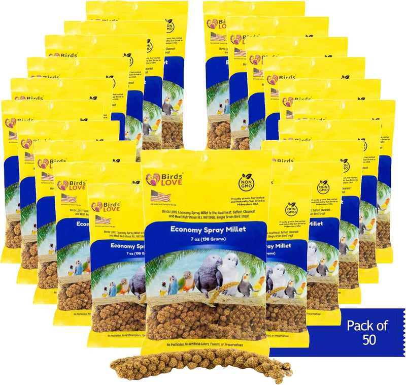 Birds LOVE Economy & Special Spray Millet GMO-Free (No Stems Only Edible Tops) for Birds Cockatiel Lovebird Parakeet Finch Canary All Parrots Healthy Treat - 7oz (Pack of 50)