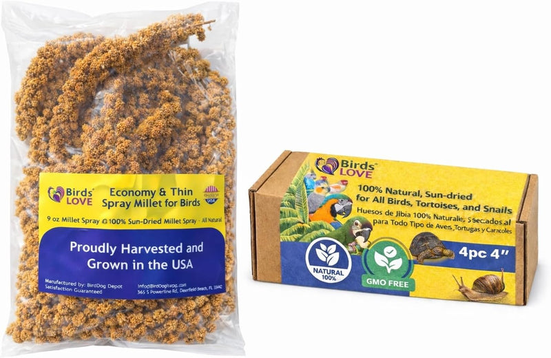 Farm to Feathers Bird Economy Millet & Cuttlebone Bundle - USA Grown Millet Sprays for Parakeets, Budgies, Cockatiels, Finches & Canaries - 9 oz (Pack of 1) + 4" Cuttlebone (4 Pack)