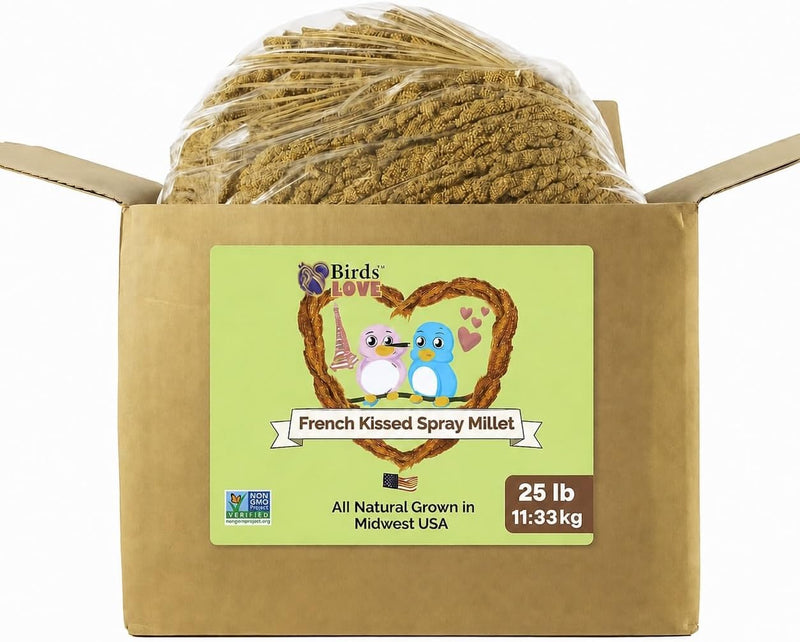Birds LOVE 25lbs French Kissed Spray Millet for Birds - Non-GMO, Harvested & Packed in the USA - Natural Sun-Dried Millet with Stems for Parakeets, Cockatiels, Conures, Parrots & Budgies