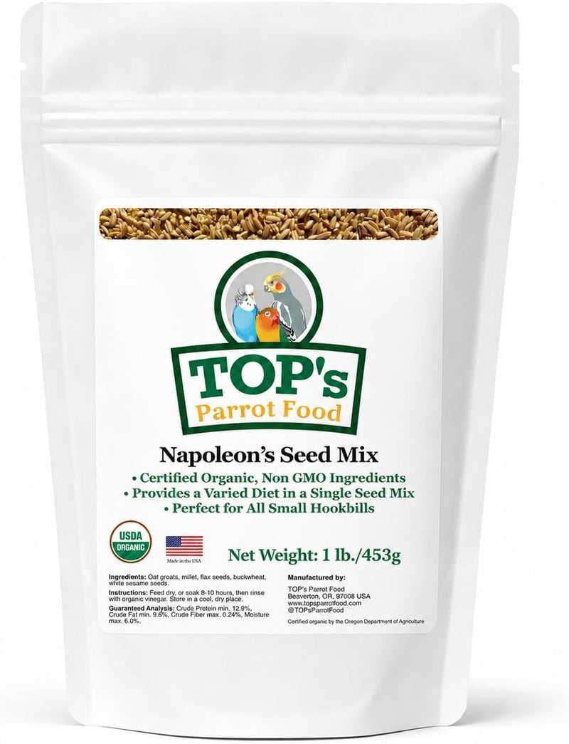 TOP's Napoleon's Seed Mix for All Small Hookbills, Non-GMO, Soy Free, Corn Free, USDA Organic Certified, 1 lb