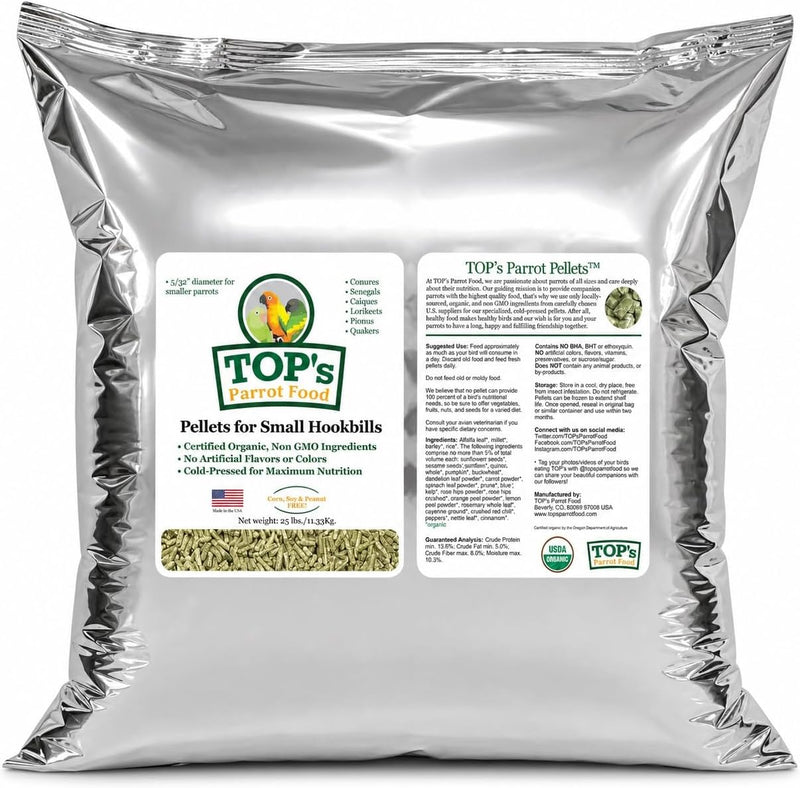 TOP's Small Hookbill Parrot Pellets 25 lb, USDA Organic Certified, Non-GMO Food