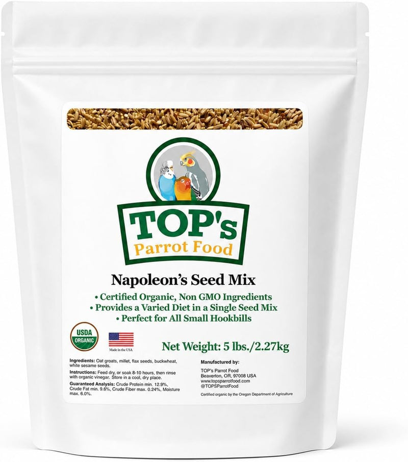 TOP's Napoleon's Seed Mix for All Small Hookbills, Non-GMO, Soy Free, Corn Free, USDA Organic Certified, 5 lb