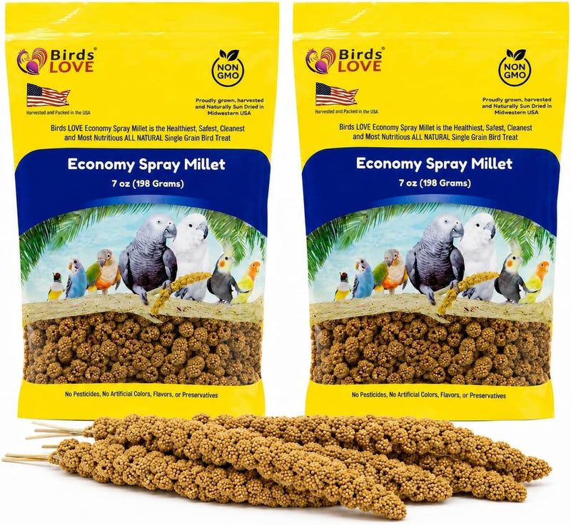Birds LOVE Economy Spray Millet for Birds, 7 oz, GMO-Free Natural Millet Spray Treat, Stem-Reduced Edible Tops, Grown in USA, for Parakeets, Cockatiels, Lovebirds, Finches, Canaries - Pack of 2