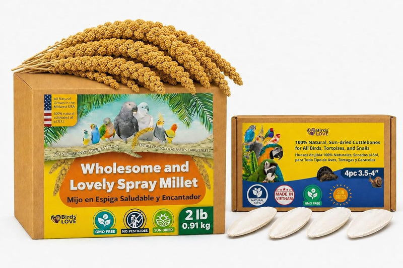 Farm to Feathers Wholesome Spray Bird Millet & Cuttlebone Bundle - USA Grown Millet Sprays for Parakeets, Budgies, Cockatiels, Finches & Canaries - 2 lb Wholesome Millet + 4" Cuttlebone (4 Pack)