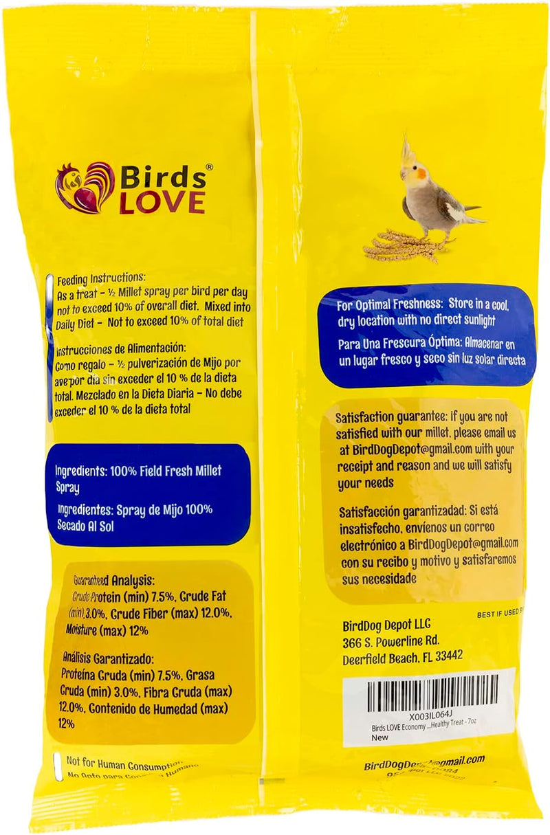 Birds LOVE Economy Spray Millet for Birds, 7 oz, GMO-Free Natural Millet Spray Treat, Stem-Reduced Edible Tops, Grown in USA, for Parakeets, Cockatiels, Lovebirds, Finches, Canaries - Pack of 2