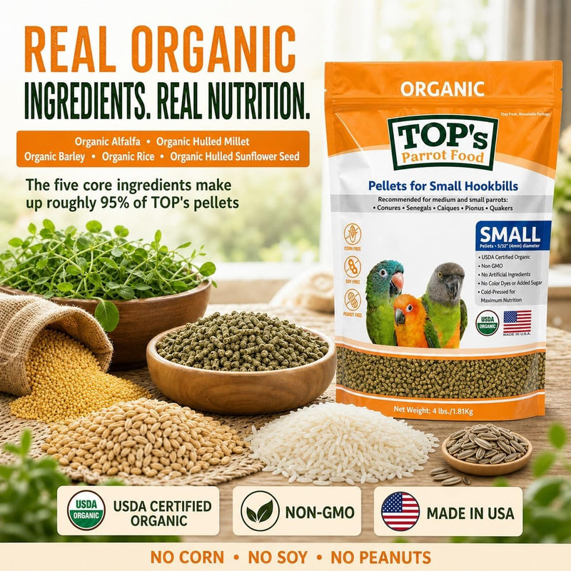TOP's Parrot Food Bird Pellets for Small Hookbills - Non-GMO, Peanut Soy & Corn Free, USDA Organic Certified (4lbs)