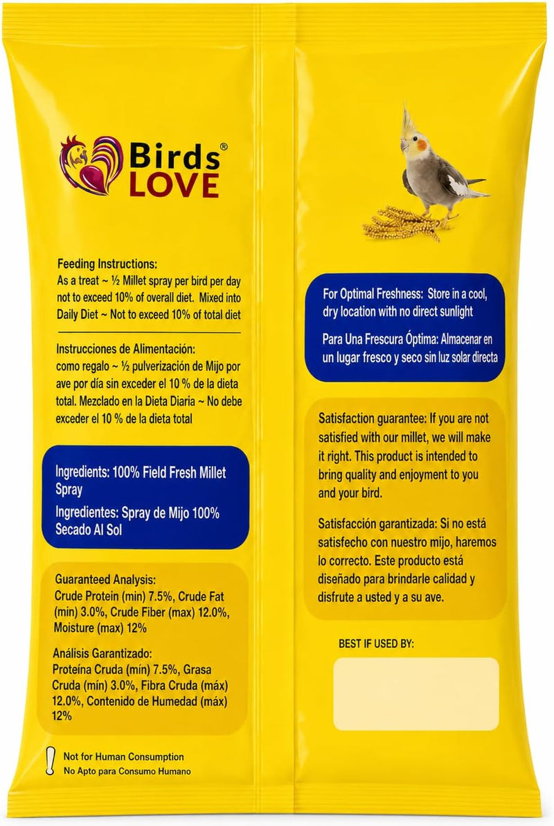 Birds LOVE Economy Spray Millet for Birds, 7 oz, GMO-Free Natural Bird Treat, Stem-Reduced Millet Tops, USA Grown Spray Millet for Parakeets, Cockatiels, Lovebirds, Finches, Canaries - Pack of 4