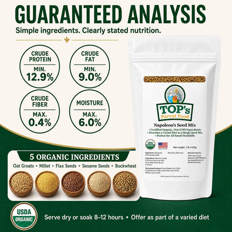TOP's Napoleon's Seed Mix for All Small Hookbills, Non-GMO, Soy Free, Corn Free, USDA Organic Certified, 1 lb