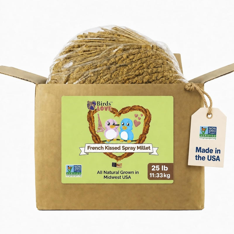 Birds LOVE 25lbs French Kissed Spray Millet for Birds - Non-GMO, Harvested & Packed in the USA - Natural Sun-Dried Millet with Stems for Parakeets, Cockatiels, Conures, Parrots & Budgies