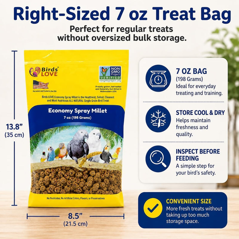 Birds LOVE Economy Spray Millet for Birds, 7 oz, GMO-Free Natural Millet Spray Treat, Stem-Reduced Edible Tops, Grown in USA, for Parakeets, Cockatiels, Lovebirds, Finches, Canaries & Small Parrots
