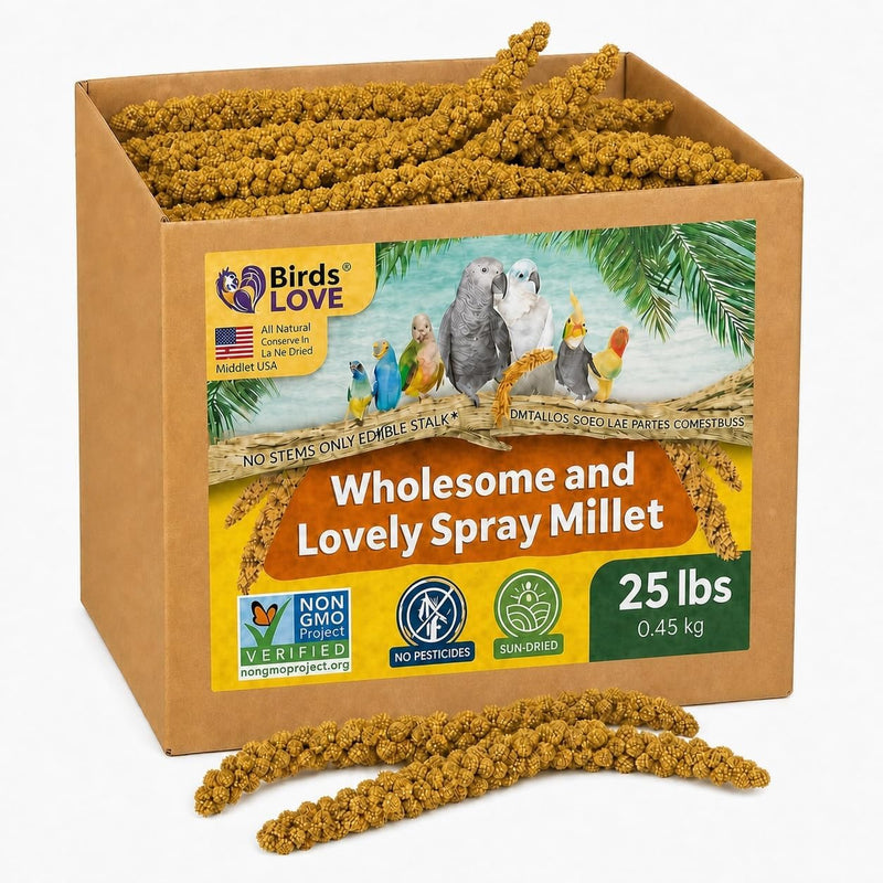 Birds LOVE 25 LB Wholesome Spray Millet for Birds - USA Grown, Non-GMO, Natural Sun-Dried Millet Sprays - Thick Seed-Rich Clusters for Parakeets, Budgies, Cockatiels, Conures, Finches & Parrots
