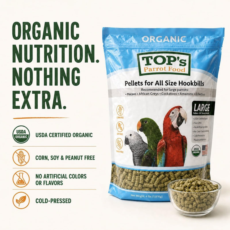 TOP's Large Parrot Pellets 1 lb, USDA Organic Certified, Non-GMO Bird Food for Hookbills
