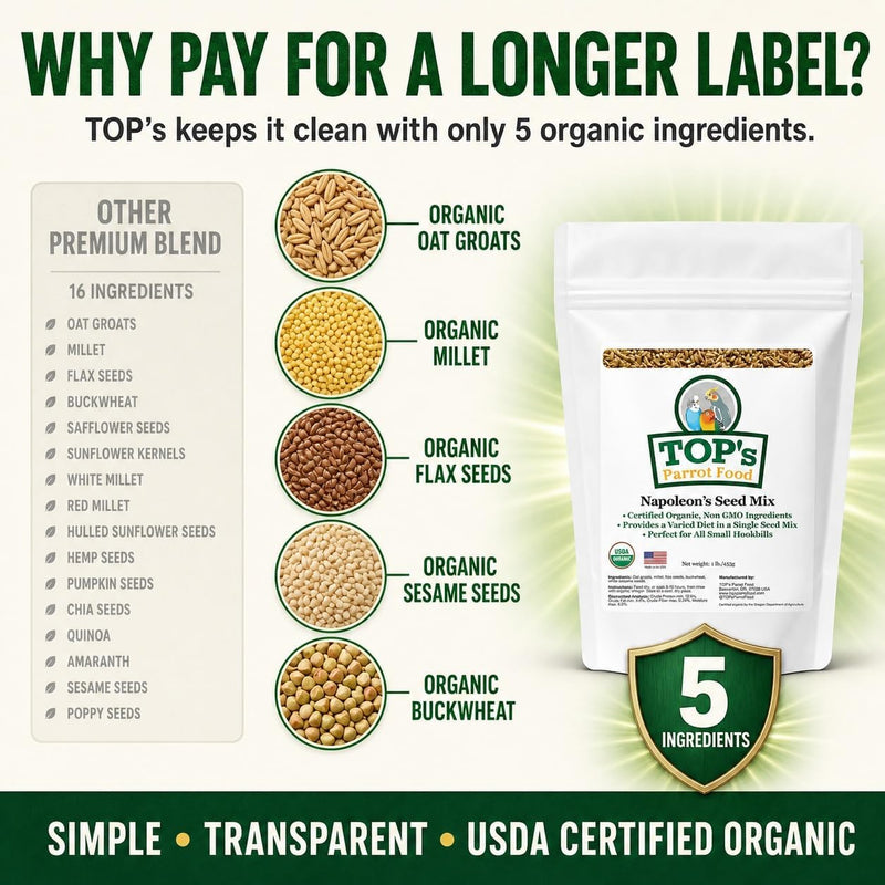 TOP's Napoleon's Seed Mix for All Small Hookbills, Non-GMO, Soy Free, Corn Free, USDA Organic Certified, 5 lb
