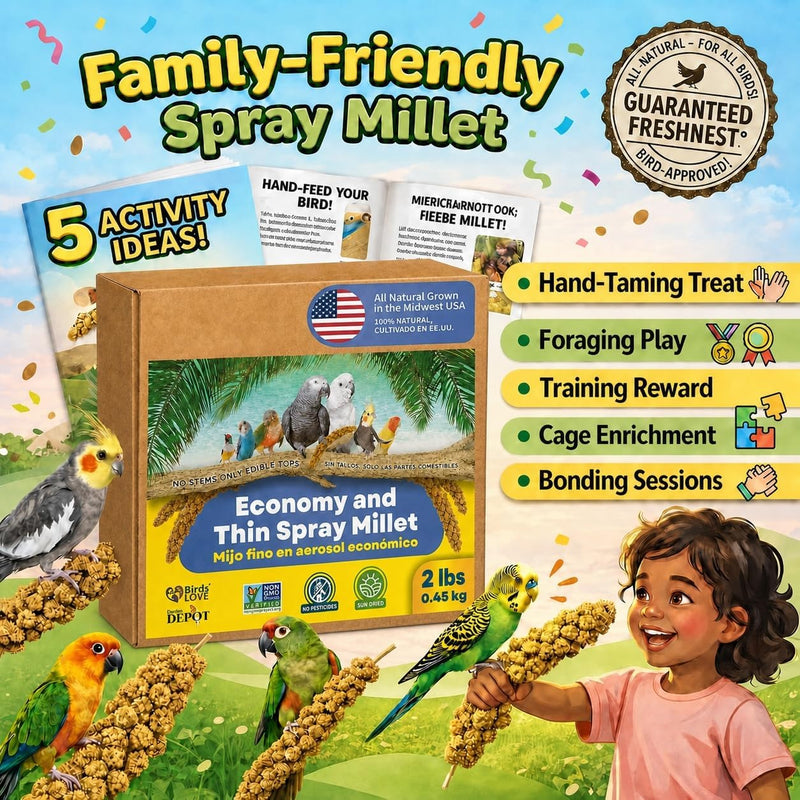 2lbs Economy & Special Spray Millet for Birds - GMO-Free, No Stems (Only Edible Tops) - 100% Natural Sun-Dried Foraging Treat for Cockatiels, Lovebirds, Parakeets, Finches & Canaries