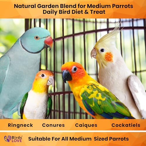 A los pájaros les ENCANTA la mezcla de alimentos naturales para aves medianas, 4 lb, mezcla de frutas, frutos secos, verduras y semillas para cacatúas ninfa, conuros, periquitos de collar y pequeños loros quaker, bolsa resellable que conserva la frescura