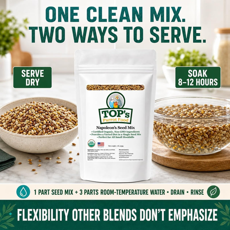 TOP's Napoleon's Seed Mix for All Small Hookbills, Non-GMO, Soy Free, Corn Free, USDA Organic Certified, 5 lb