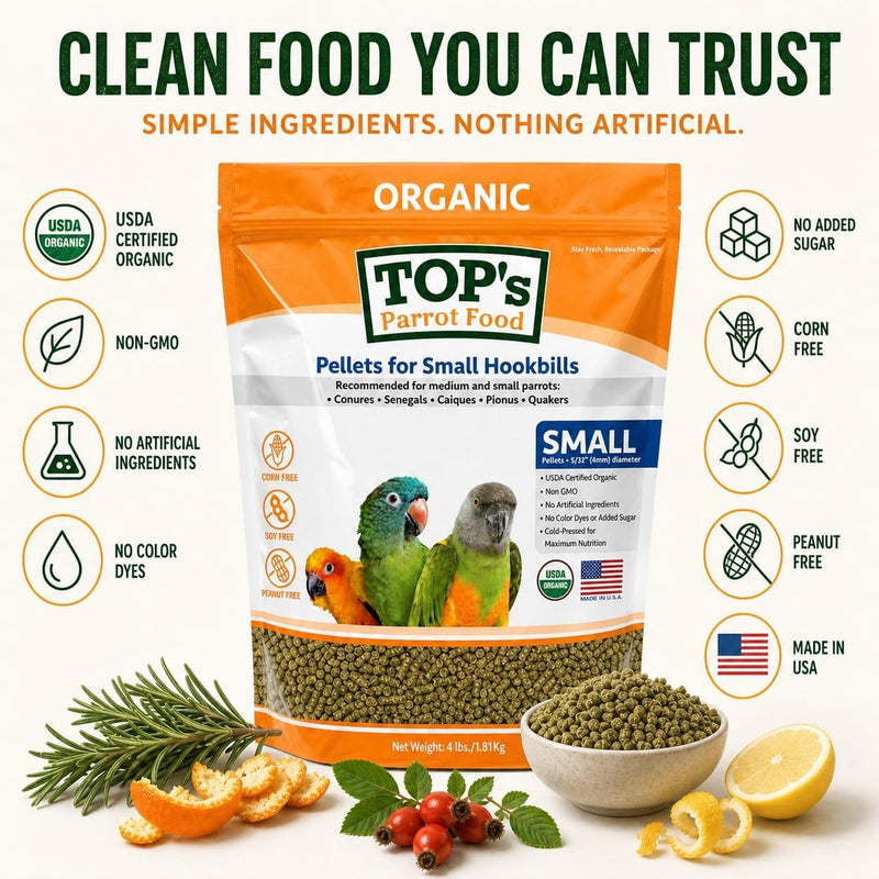 TOP's Parrot Food Bird Pellets for Small Hookbills - Non-GMO, Peanut Soy & Corn Free, USDA Organic Certified (4lbs)