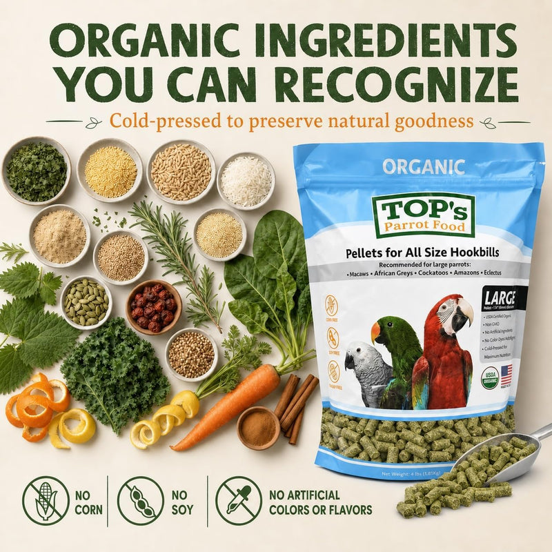 TOP's Large Parrot Pellets 1 lb, USDA Organic Certified, Non-GMO Bird Food for Hookbills