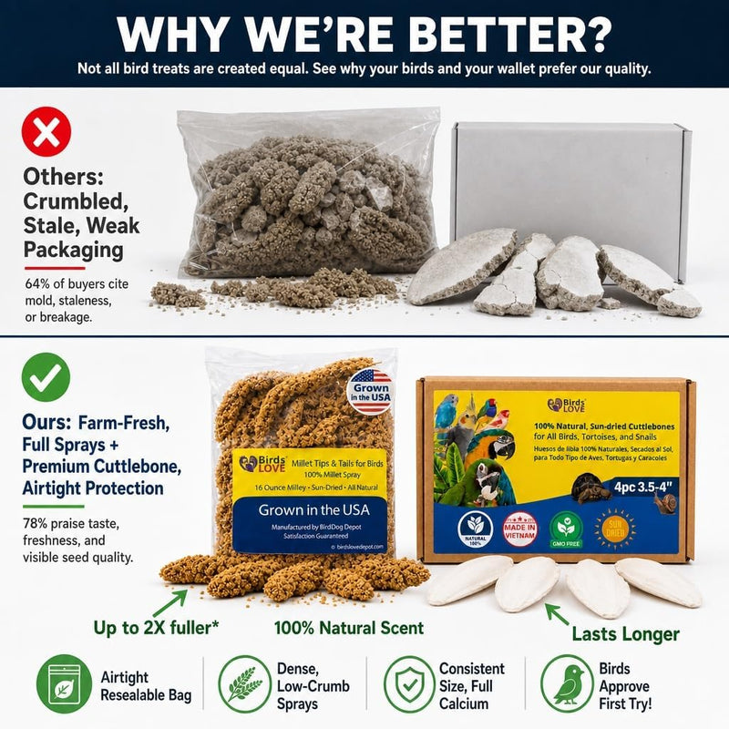 Farm to Feathers Economy & Thin Spray Millet with Cuttlebone Bundle - USA Grown Millet Sprays for All Birds, Cockatiels, Lovebirds, Parakeets, Finches - 7 Ounce (2-Pack) + 4" Cuttlebone (4-Pack)