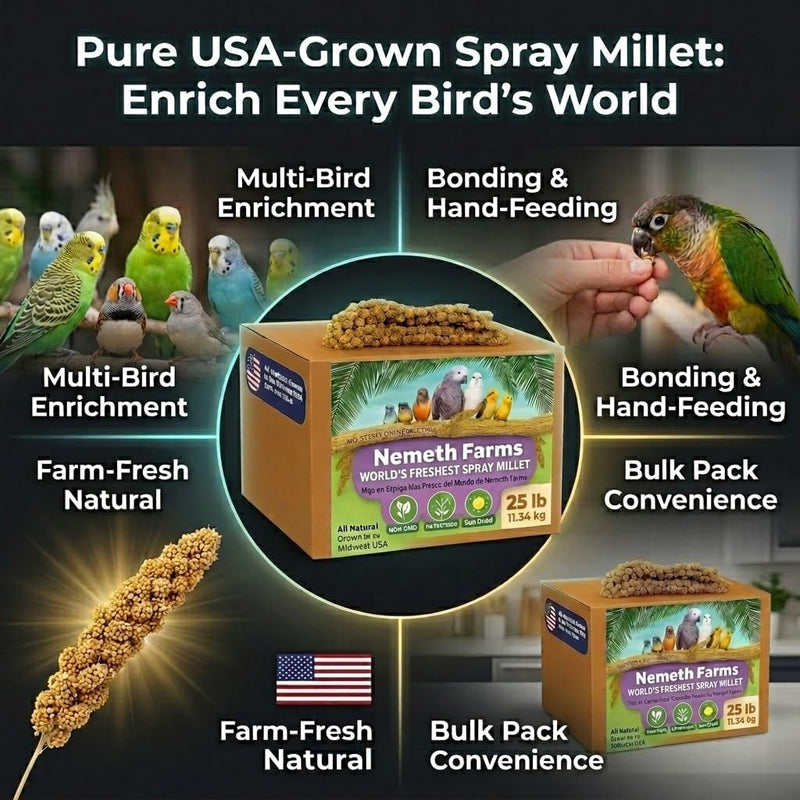 Nemeth Farms Spray Millet for Birds - Natural Non-GMO Millet Treat for Parakeets, Cockatiels & Parrots - 25 lb