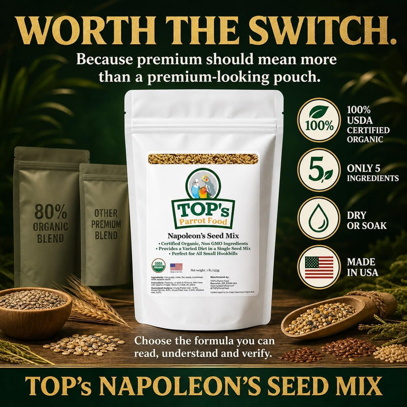 TOP's Napoleon's Seed Mix for All Small Hookbills, Non-GMO, Soy Free, Corn Free, USDA Organic Certified, 1 lb