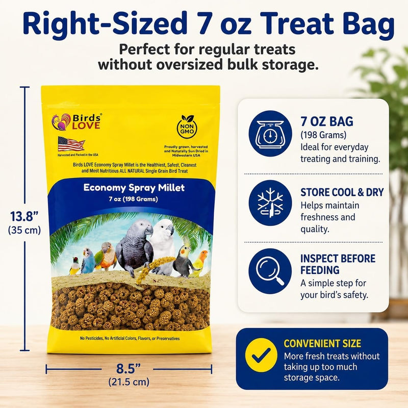 Birds LOVE Economy Spray Millet for Birds, 7 oz, GMO-Free Natural Millet Spray Treat, Stem-Reduced Edible Tops, Grown in USA, for Parakeets, Cockatiels, Lovebirds, Finches, Canaries - Pack of 2