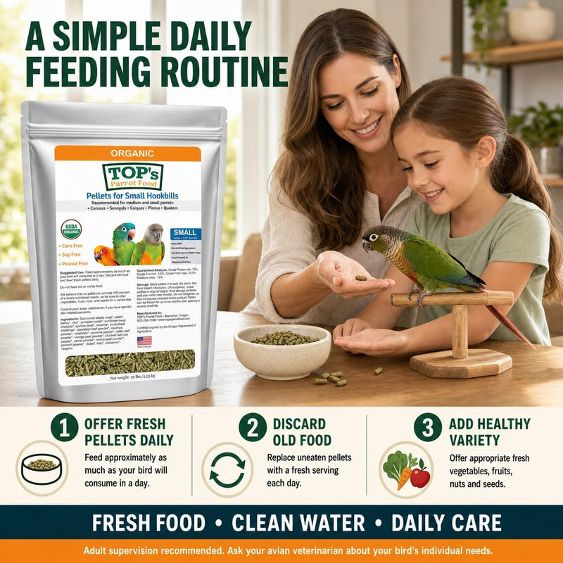 TOP's Parrot Food Bird Pellets for Small Hookbills - Non-GMO, Peanut Soy & Corn Free, USDA Organic Certified (4lbs)