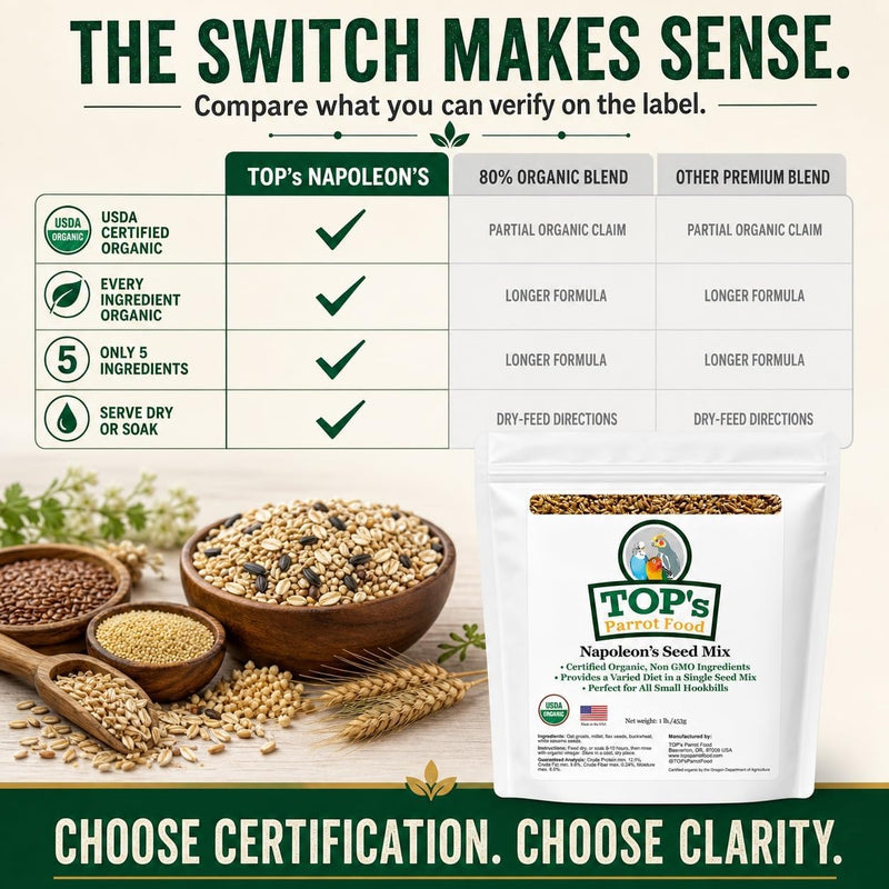 TOP's Napoleon's Seed Mix for All Small Hookbills, Non-GMO, Soy Free, Corn Free, USDA Organic Certified, 5 lb