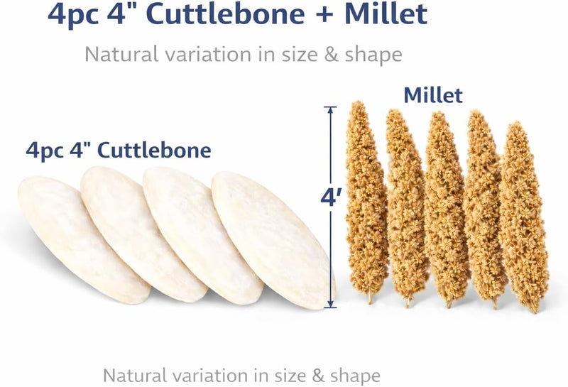 Farm to Feathers Bird Economy Millet & Cuttlebone Bundle - USA Grown Millet Sprays for Parakeets, Budgies, Cockatiels, Finches & Canaries - 9 oz (Pack of 1) + 4" Cuttlebone (4 Pack)